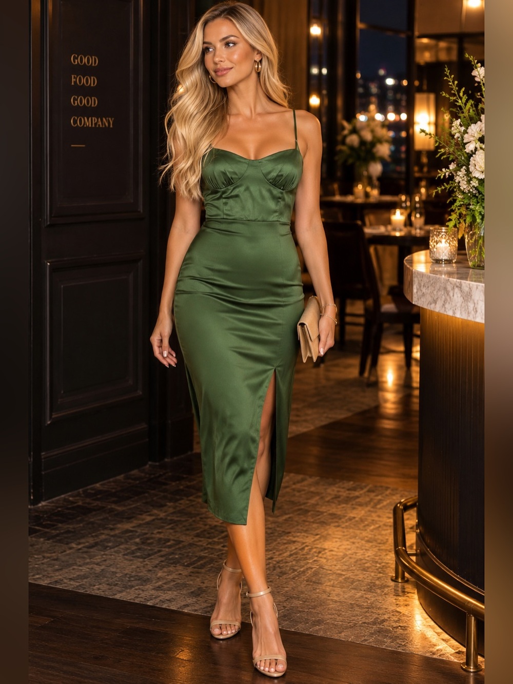 Zara Olive Green Satin Midi Dress with Front Slit 100% Viscose Size Small